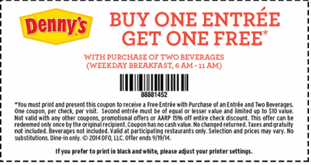 Buy One Get One Free Entree Denny&#39;s Coupon