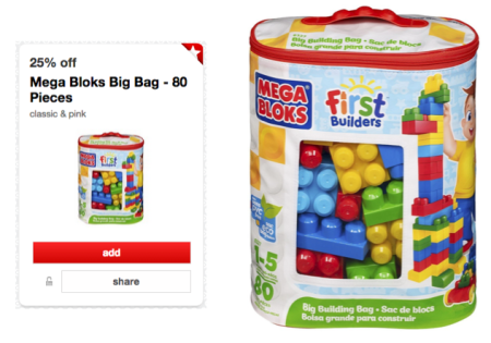 $11.24 (Reg $15) 80-Piece Mega Bloks Big Building Bag at Target