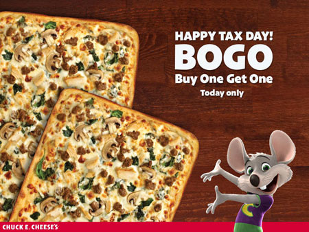 Buy 1 Get 1 FREE Pizza at Chuck E. Cheese (4/18 Only)