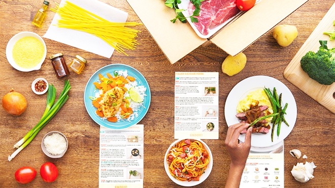 Recipes and Plates with Foods from EveryPlate Prep Kits on a Table