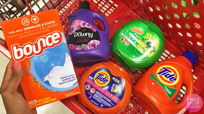 Bounce, Tide, Gain and Downy Products Inside a Shopping Cart 