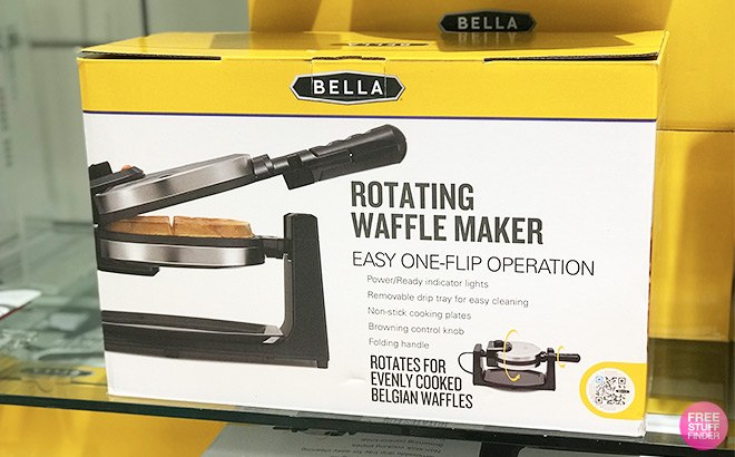 Bella Non-Stick Rotating Belgian Waffle Maker Stainless Steel in the box on the shelf