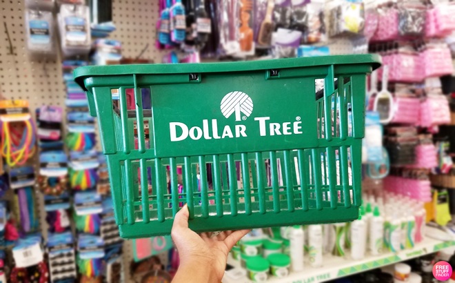 Hand Holding a Dollar Tree Shopping Cart Inside Store