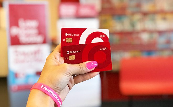 Hand Holding Two Target Redcard Debit and Credit Cards