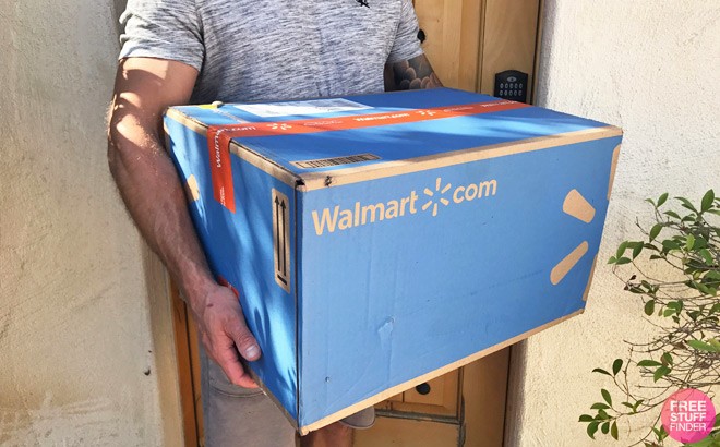 A Person Carrying a Walmart Delivery Box in Front of a Home
