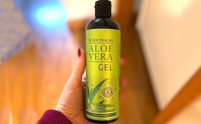 Seven Minerals Organic Aloe Vera Gel 12-oz in hand