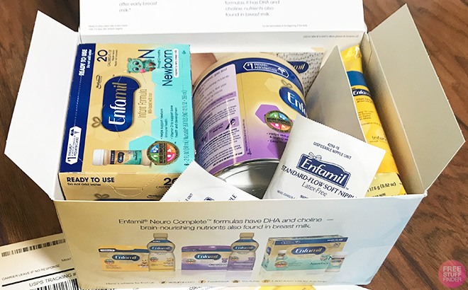Opened Box Filled with Enfamil Products on a Table Top