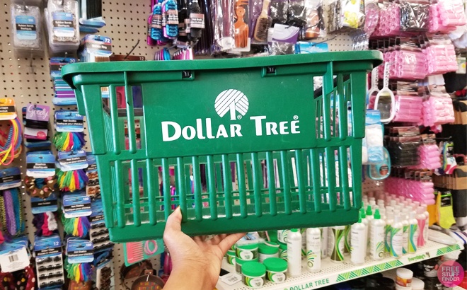 A Person Holding a Dollar Tree Shopping Basket inside a Store