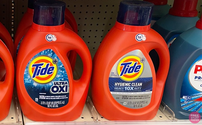 Tide Hygienic Clean Heavy 10X Duty Laundry Detergent Liquid Soap 59-Loads on a Store Shelf