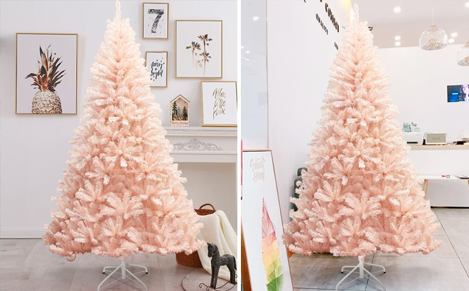 Two Photos of a 7-foot Classic Pine Christmas Tree in Pink