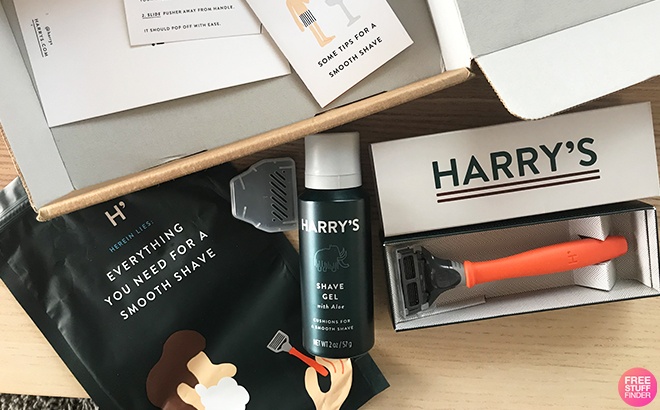 Boxes with Harry's Razors Products and a Shaving Foam on a Tabletop