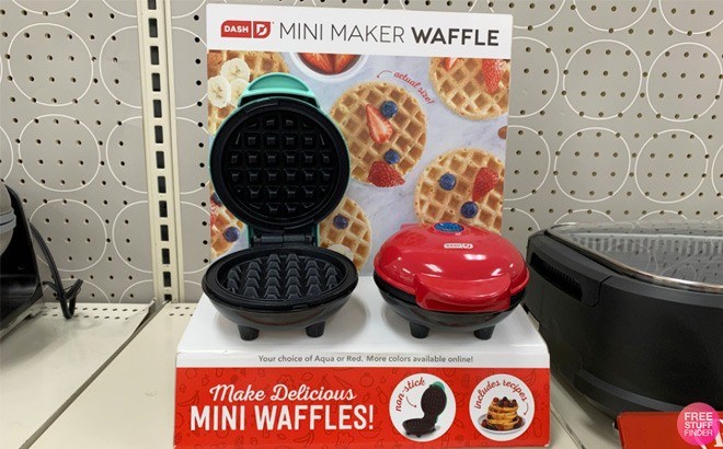 Two Dash Mini Waffle Makers on shelf