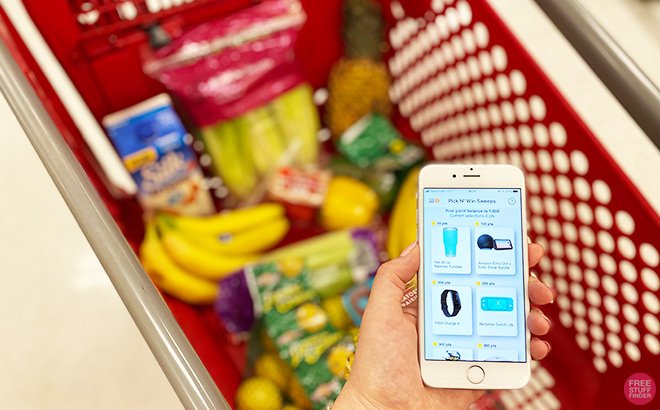 Hand Holding Phone with National Consumer Panel in Front of a Shopping Basket