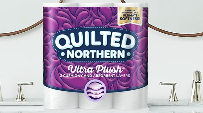 Quilted Northern Ultra Plush Toilet Paper 6 Mega Rolls on a Table