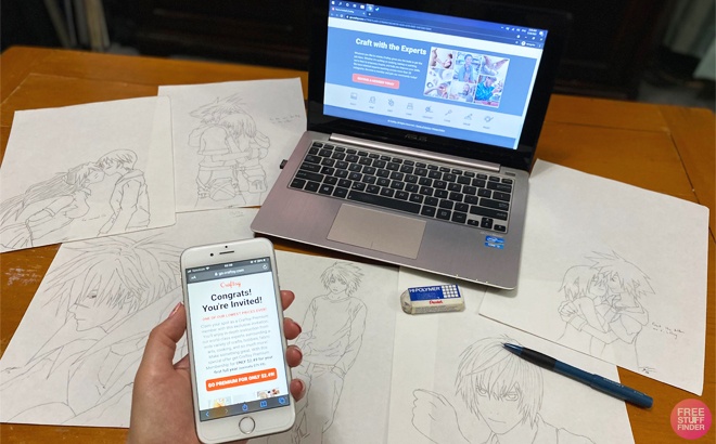 A Phone And a Laptop Showing the Craftsy Offer On-Screen With Anime Style Drawings Placed Over a Desk