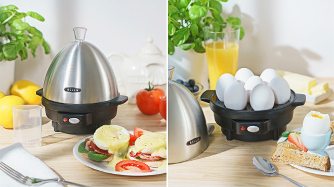 BELLA Rapid 7 Capacity Electric Egg Cooker with Closed Lid on the left and Opened Lid on the right