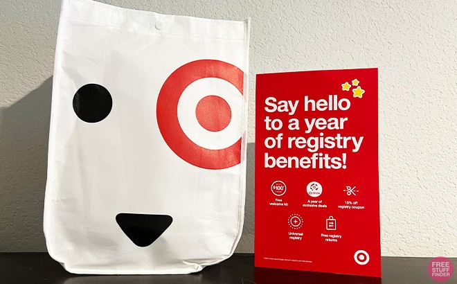 Target Baby Gift Bag next to a Registry Red Card on a Table Top