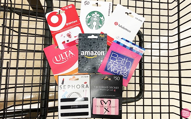 Target, Starbucks, Lululemon, Ulta, Amazon, Bath & Body Works, Sephora and Victoria's Secret Gift Cards in a Shopping Cart