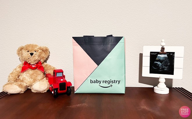 Teddy Bear Baby X Ray and an Amazon Baby Welcome Bag on a Table Top