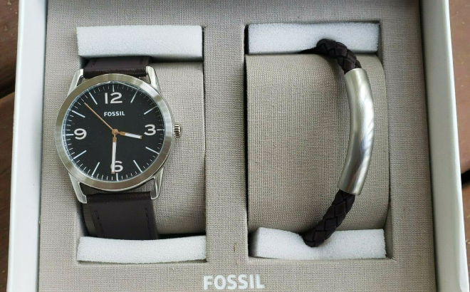 Fossil Leather Watch & Bracelet Set $25