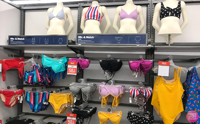 Various Old Navy Swimwear on Hangers and Mannequins 
