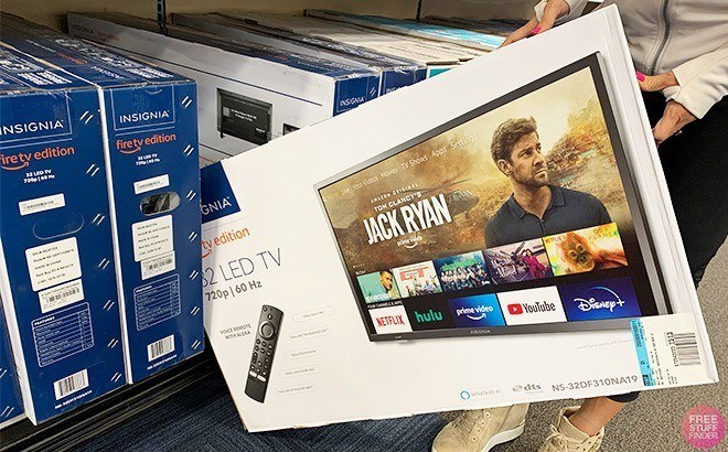 A Person Holding a 32-Inch Insignia Smart TV at a Store