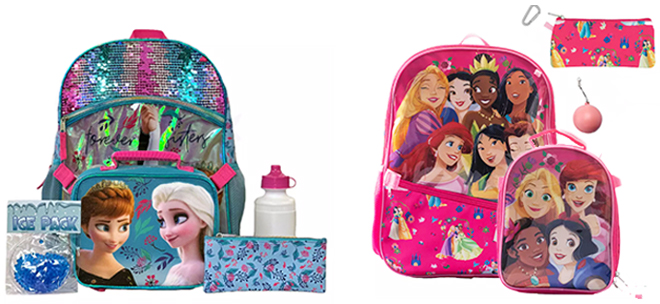 Disneys Frozen Kids 5 Piece Backpack Set and Disney Princess 5 Piece Backpack Lunch Box Set