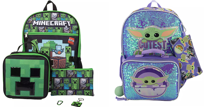Kids Minecraft 5 Piece Backpack Set and The Mandalorian 5 Piece Backpack Lunch Box Set