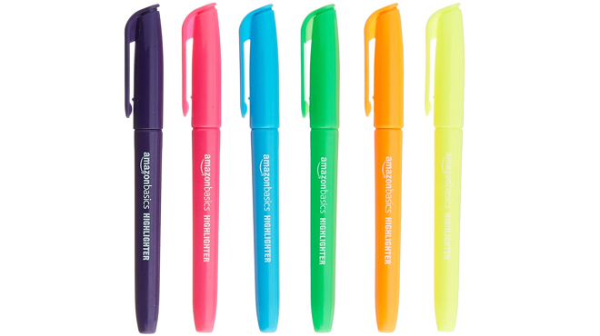 Six Amazon Basics Fluorescent Highlighters in Different Colors