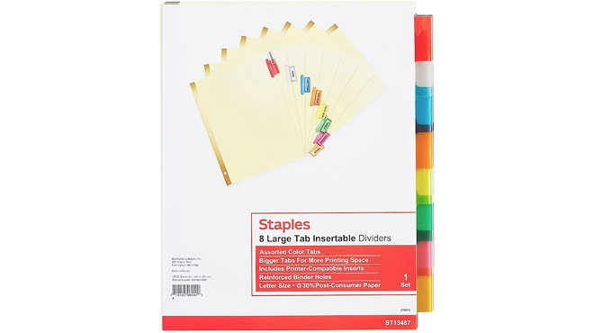 Staples Large Tab Insertable Paper Dividers 8 Tab Set