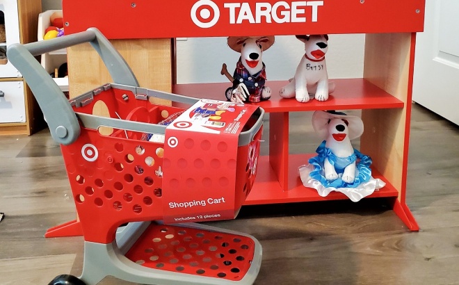Mini Target Shopping cart toy for kids and toddlers with Target playset in the background