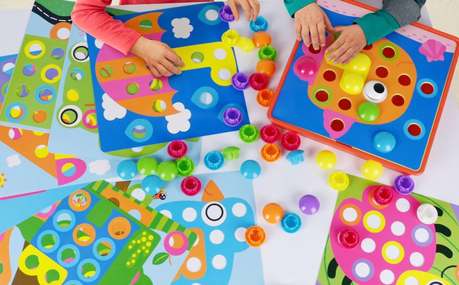 Kids Playing Color Matching Mosaic Pegboard Learning Toy