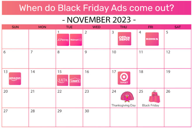 Calendar for Black Friday November 2023 for Different Retailers