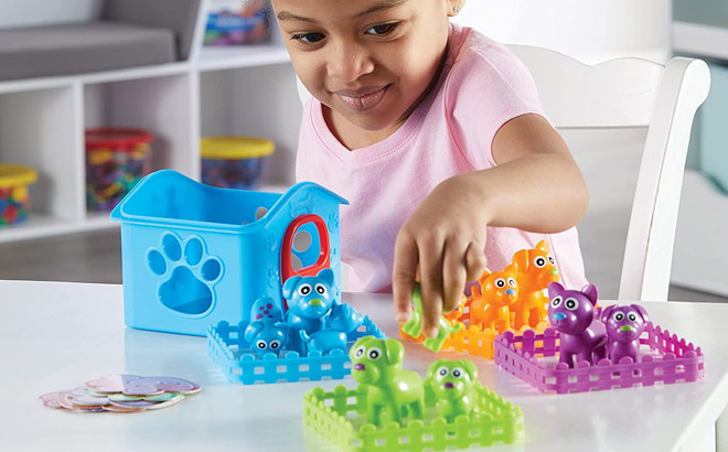 Child Playing with Learning Resources Toys Sort-'Em-Up Pups Set On a Table