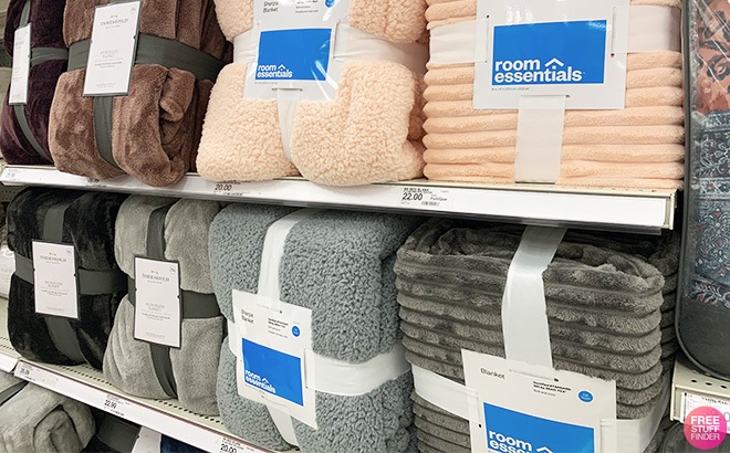 Room-Essentials Sherpa Bed Blankets on store shelf