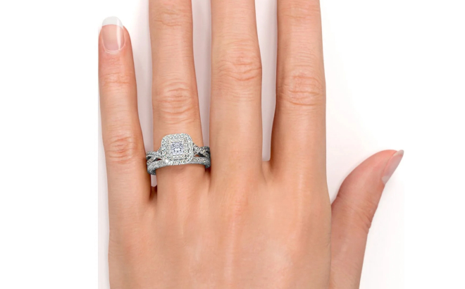 18K Square Moissanite Double Halo Wedding Ring Set