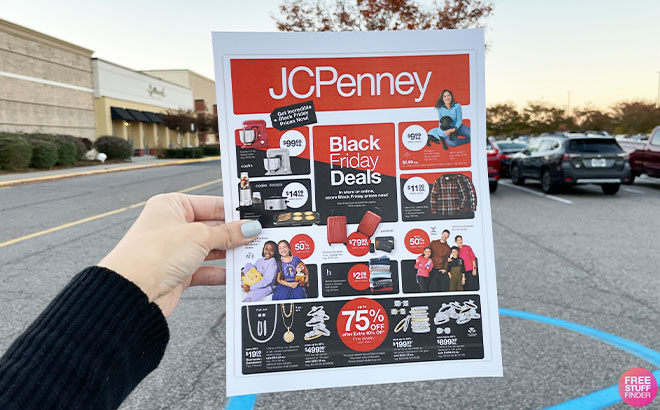 A Hand Holding a JCPenney Black Friday 2023 Ad on Car Park