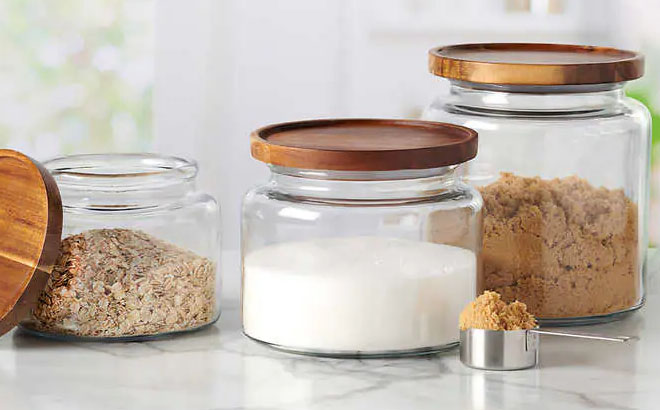 Anchor Hocking 3-Piece Glass Jars with Acacia Lids on a Countertop