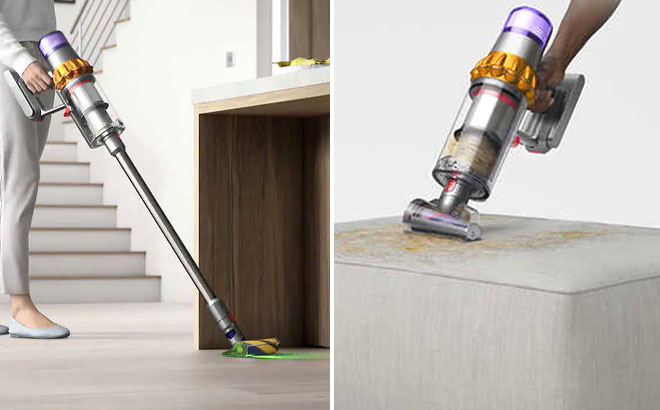Two Photos of Dyson V15 Cordless Stick Vacuum Being Used by a Person in a Home
