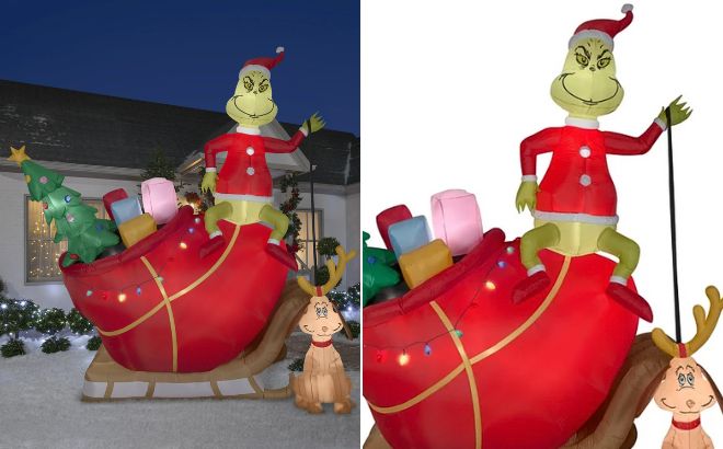Gemmy Christmas Inflatable Grinch and Max in Sleigh
