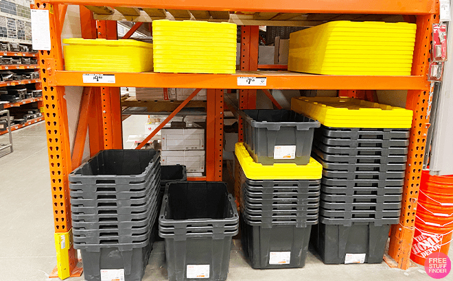 HDX 27 Gallon Tough Storage Totes in Black with Yellow Lids at Home Depot