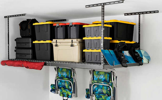 SafeRacks Overhead Garage Storage Rack Mounted on a Garage Ceiling