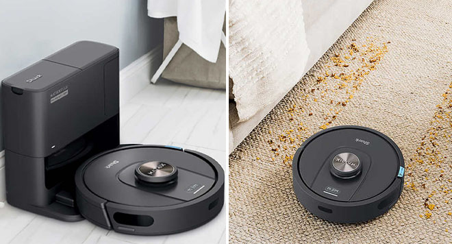 Two Photos of Shark Matrix Pro Robotic Vacuum Being Used in a Home