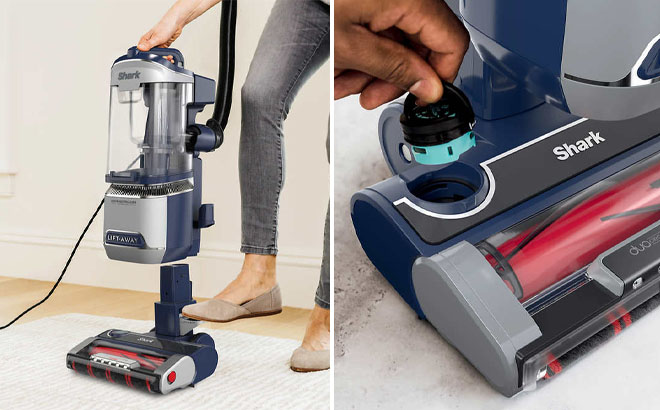 Two Photos of the Shark Performance Plus Lift Away Upright Vacuum Being Used in a House