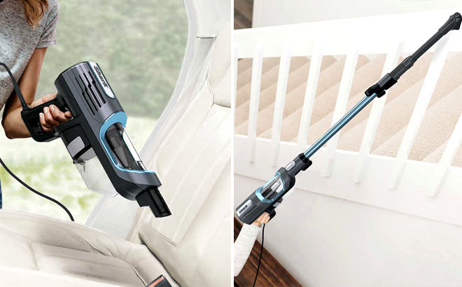Two Photos of Shark Performance UltraLight Corded Stick Vacuum Being Used by a Person