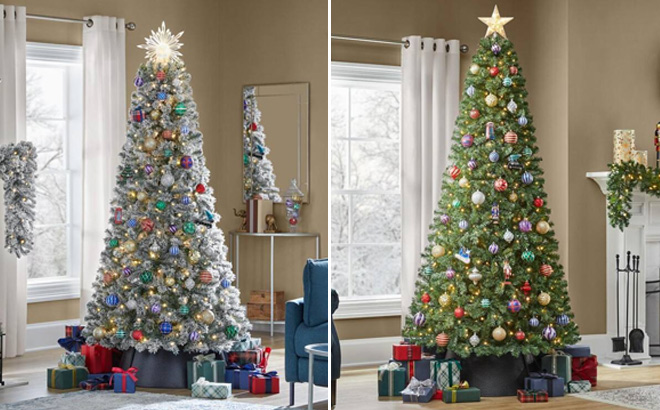 Two Photos of Pre Lit Artificial Christmas Trees