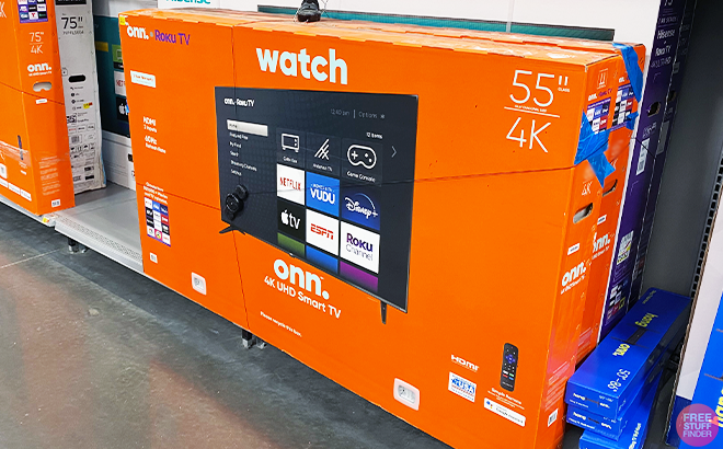 Onn. Roku 55-Inch 4k TV in a Box on a Walmart Shelf