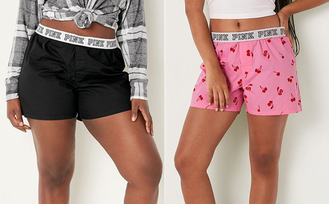 Two Photos of Models Wearing Victoria's Secret PINK Cotton Boxer Shorts