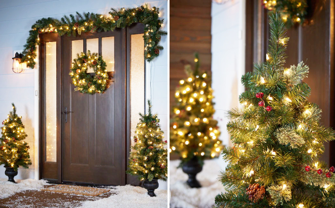 Door Decorated with Pre-Lit Christmas Tree 4-Piece Decor Set 