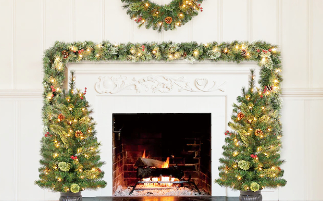 Fireplace Decorated with Pre-Lit Christmas Tree 4-Piece Decor Set 